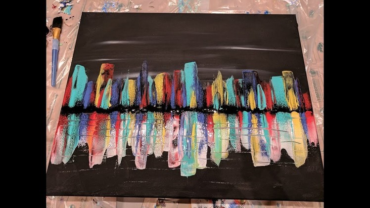 Acrylic pouring swipe technique - colorful city skyline NIGHT Version