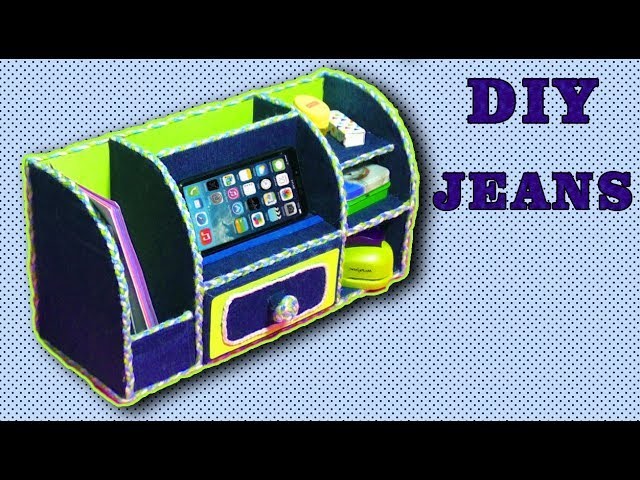 DIY.Reuse old jeans organizer.How to make ORGANIZER FOR DESK WITH CARDBOARD.Tutorial & crafts.