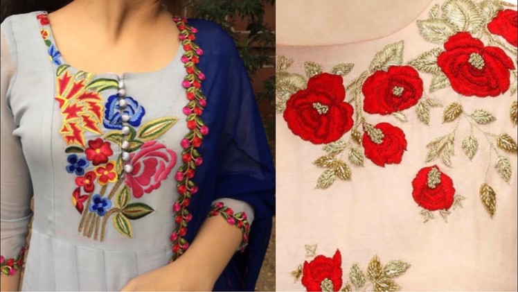 Flower Embroidery on kurta neck design ideas.Embroidered kurta neck design ideas for wedding season
