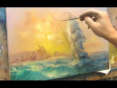 Marine oil painting. Sailboat.