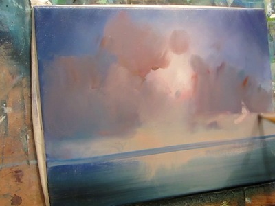 Ocean. The sun's rays through the clouds. Oil painting.