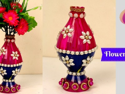 Plastic Bottle Flower Vase Craft Ideas - Flower Vase Made With Recycled Plastic Bottle and Beads
