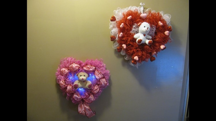 How To Make Carmen's Valentine's Day Teddy Bear Pair of Deco Mesh Heart Wreaths