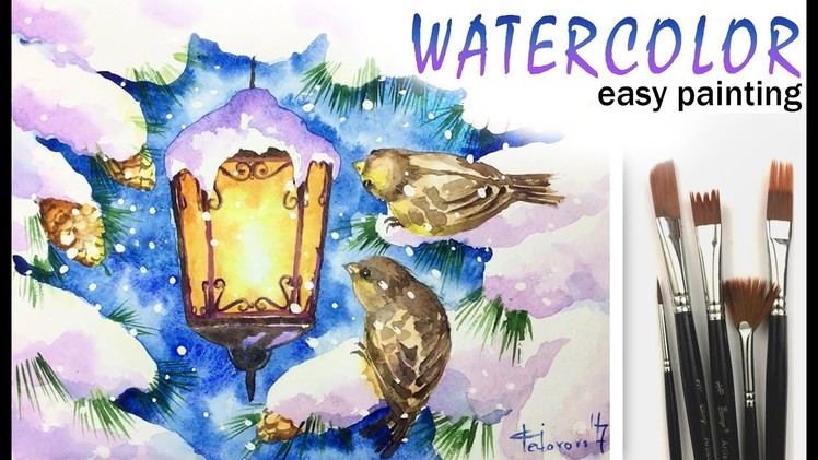 How to paint CHRISTMAS Greeting Card! LAMP & BIRDS with Watercolor! Tutorial for Beginners! EASY 如何