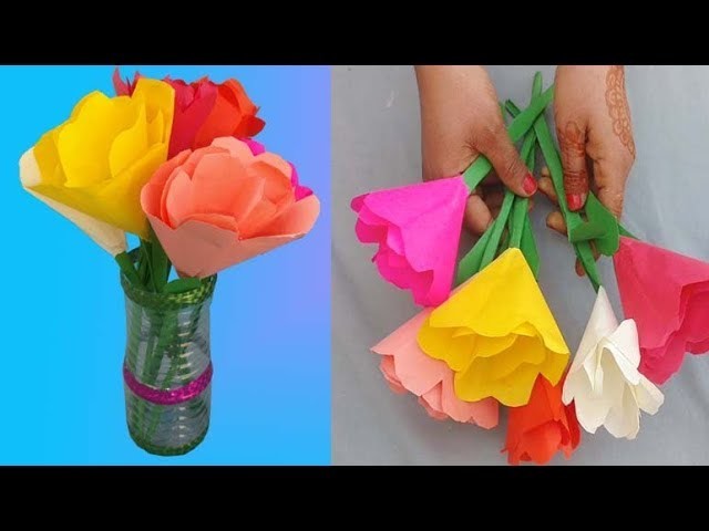 Make paper flowers and vase out of plastic bottle| paper flower cutting|paper crafts|home decoration