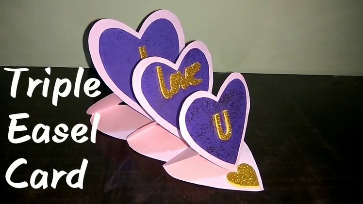 Triple Heart Easel Card Tutorial????, Easy DIY, card making ideas, with subtitles in english.