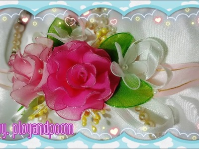 DIY wrist corsage for wedding (How to make stocking.nylon flower)by ployandpoom