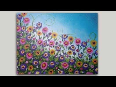 Acrylic Painting Whimsical Flower Garden on Sponge Painted Background