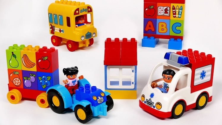 Ambulance School Bus and Tractor Building Bock Toy Vehicles Playset for Kids Toddlers and Children