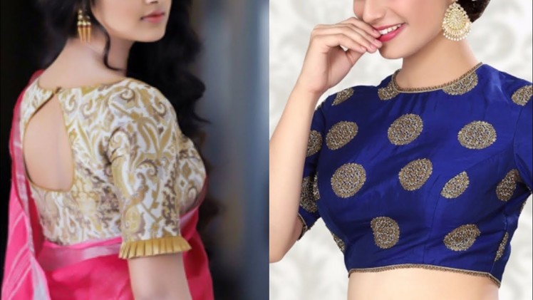 Brocade fabric blouse designs ideas for plain saree.Brocade blouse for Lehenga,saree