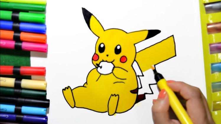 Draw Color Paint Pikachu eating Apple  Coloring Page and Learn Colors for Kids
