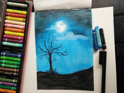 Drawing moonlight scenery with oil pastels| Speed drawing