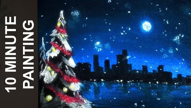 Painting a Winter Snowfall Over the City with Acrylics in 10 Minutes!