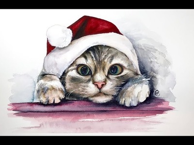 Watercolor Christmas Kitten Painting Tutorial