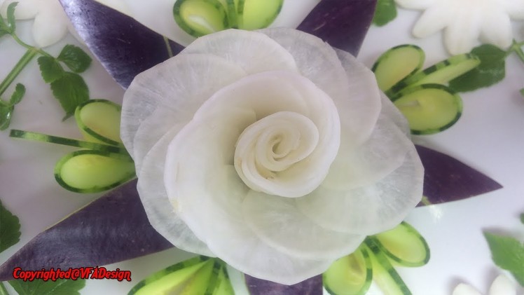 White Radish Rose Flower Sitting On Eggplant & Cucumber Carving Garnish | How To Make Radish Rose
