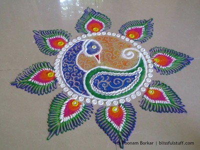 Easy peacock rangoli | Creative peacock rangoli design | Rangoli designs by Poonam Borkar