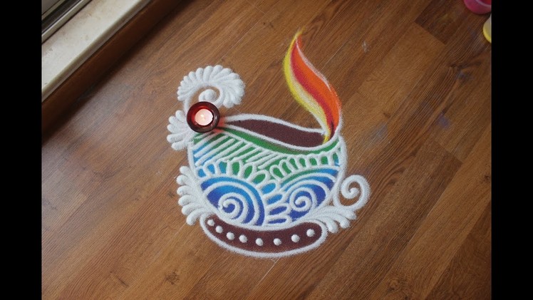 Quick and easy Diya Rangoli design with colours for Diwali