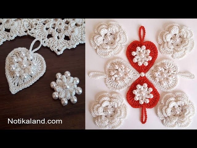 Crochet flower with pearls How to crochet HEART Tutorial