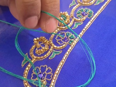 Detailed Thread Work for a Blouse - Peacock Design Embroidery