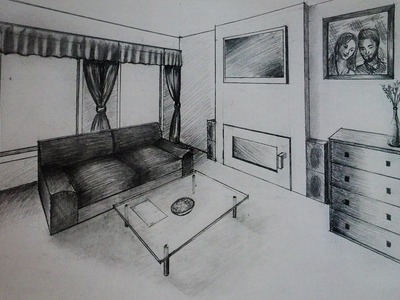 How to draw - Living room with fireplace - Two point perspective