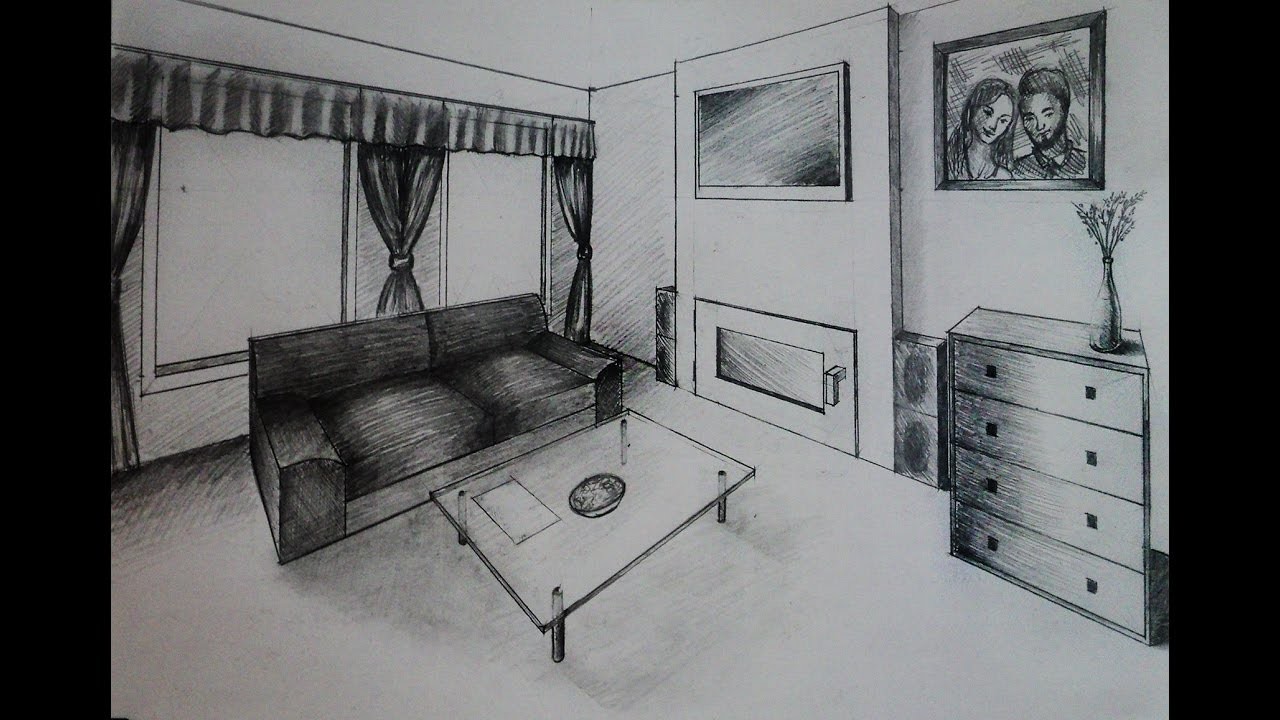 How to draw - Living room with fireplace - Two point perspective