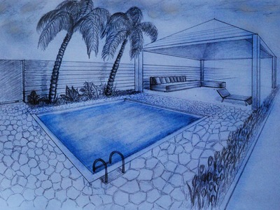 How to draw - two point perspective - villa, garden with pool