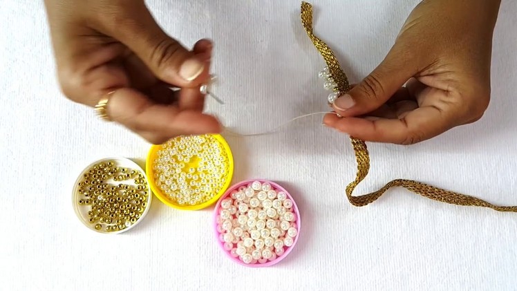 Making of saree border lace using pearls || simple and easy saree border edging at home