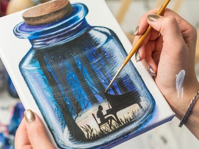 Multi-exposure of the Pianist in a Glass Jar - Acrylic painting. Homemade Illustration (4k)
