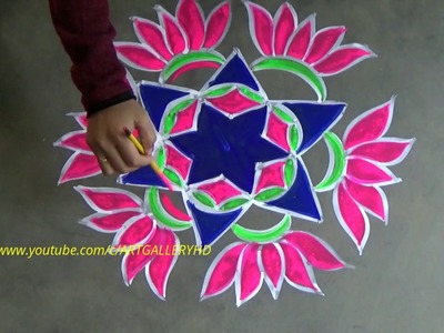Sankranthi Lotus Rangoli designs with 5 x 3 dots.Pongal kolam designs