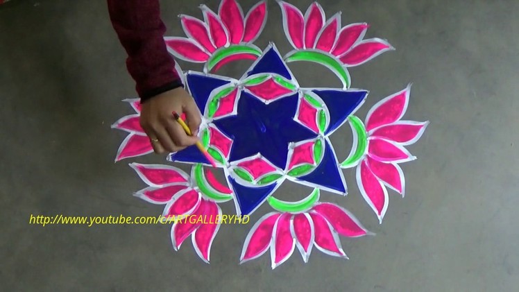 Sankranthi Lotus Rangoli designs with 5 x 3 dots.Pongal kolam designs