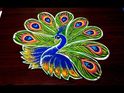 Simple peacock rangoli designs for diwali | easy kolam designs with out dots | free hand muggulu