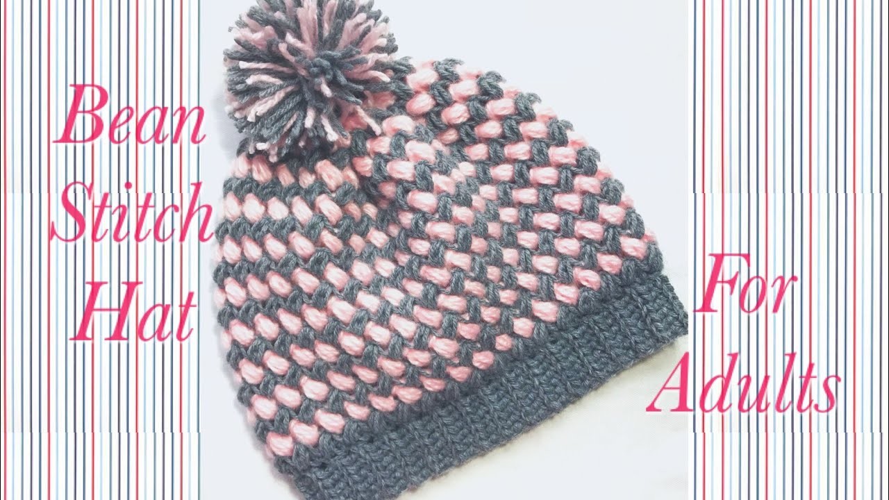 Crochet Bean stitch adult beanie hat in two colors easy to make 115