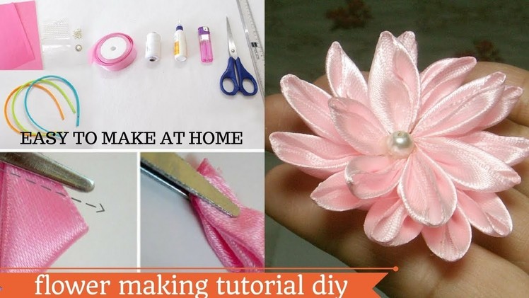 DIY Satin Ribbon Rose tutorial. How to make satin ribbon kanzashi flowers easy to make at home