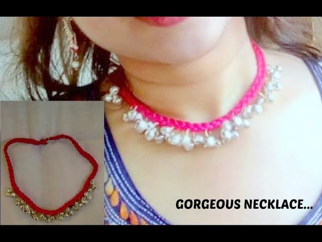 How to make designer necklace#neckppiece#ghungroo#DIY#chiffon.silk thread