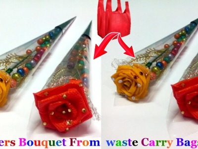 How To Make Single Flower Bouquet From Waste Carry Bags.Valentine day special |Best out of waste