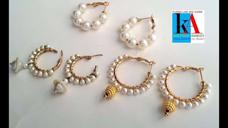 How to make Designer ring model earrings with small pearls. hook earrings making at home