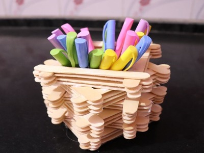 How to make pen stand with ice cream sticks | Popsicle stick art |