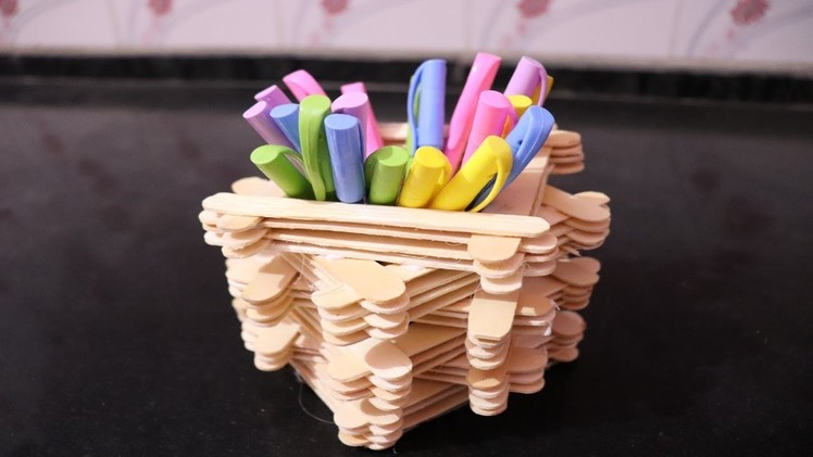 How to make pen stand with ice cream sticks | Popsicle stick art |