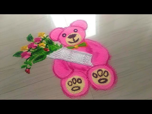 HOW TO MAKE rangoli.pink Teddy bear rangoli for Valentine's day  by jyoti Rathod