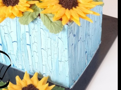Fondant Wood Crackle Planter Cake with Buttercream Sunflowers