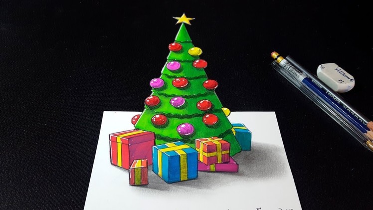 How to Draw 3D Christmas Tree - Happy Holidays