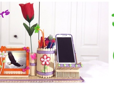 DIY Desk Organizer | Popsicle sticks 3 in 1 Crafts | Popsicle Sticks pen holder & Mobile Phone stand