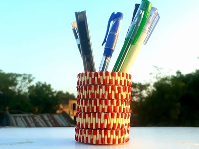 DIY Matchstick pen stand making.easy pen holder from waste matchstick.reuse matchstick art.
