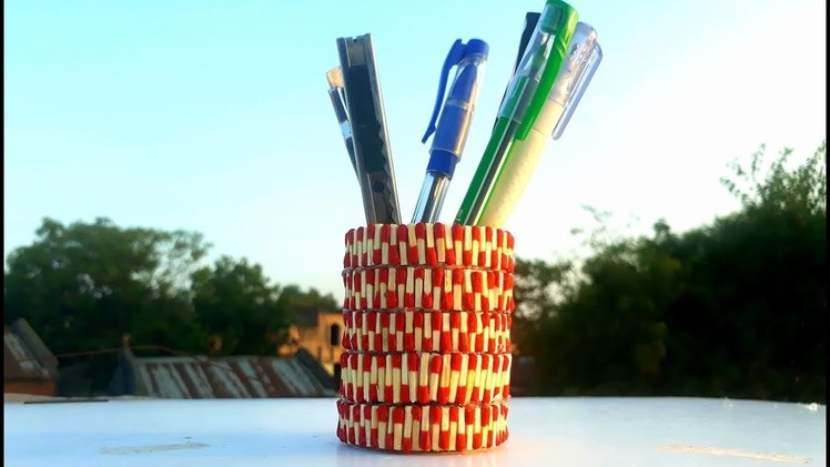 DIY Matchstick pen stand making.easy pen holder from waste matchstick.reuse matchstick art.