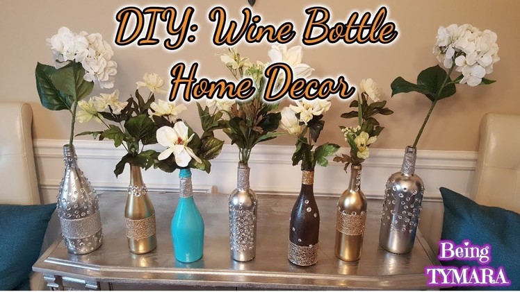 DIY: Wine Bottle Home Decor with spray paint, ribbon and rhinestones