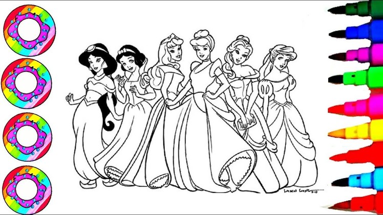 Disney's Princesses Jasmine, Belle, Ariel Aurora, Cinderella in Rainbow Dress Coloring Page
