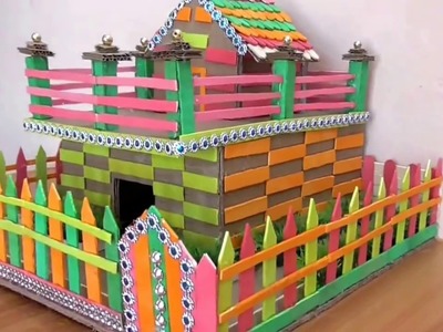 DIY - HOW TO MAKE CARDBOARD HOUSE || EASY HOUSE MAKING AT HOME FOR PROJECT || POPSICLE STICKS HOUSE