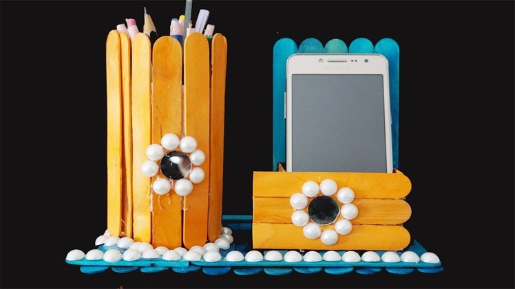 DIY Pen stand and Mobile phone holder with icecream sticks | Ice Cream Stick Pen mobile holder