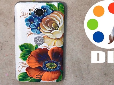 DIY, Zhostovo style, Painting a poppy and a rose on the mobile phone