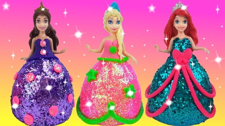 DIY Play Doh Sparkle Disney Princess Dresses Elsa Ariel Magiclip Super Glitter Play Doh Dress